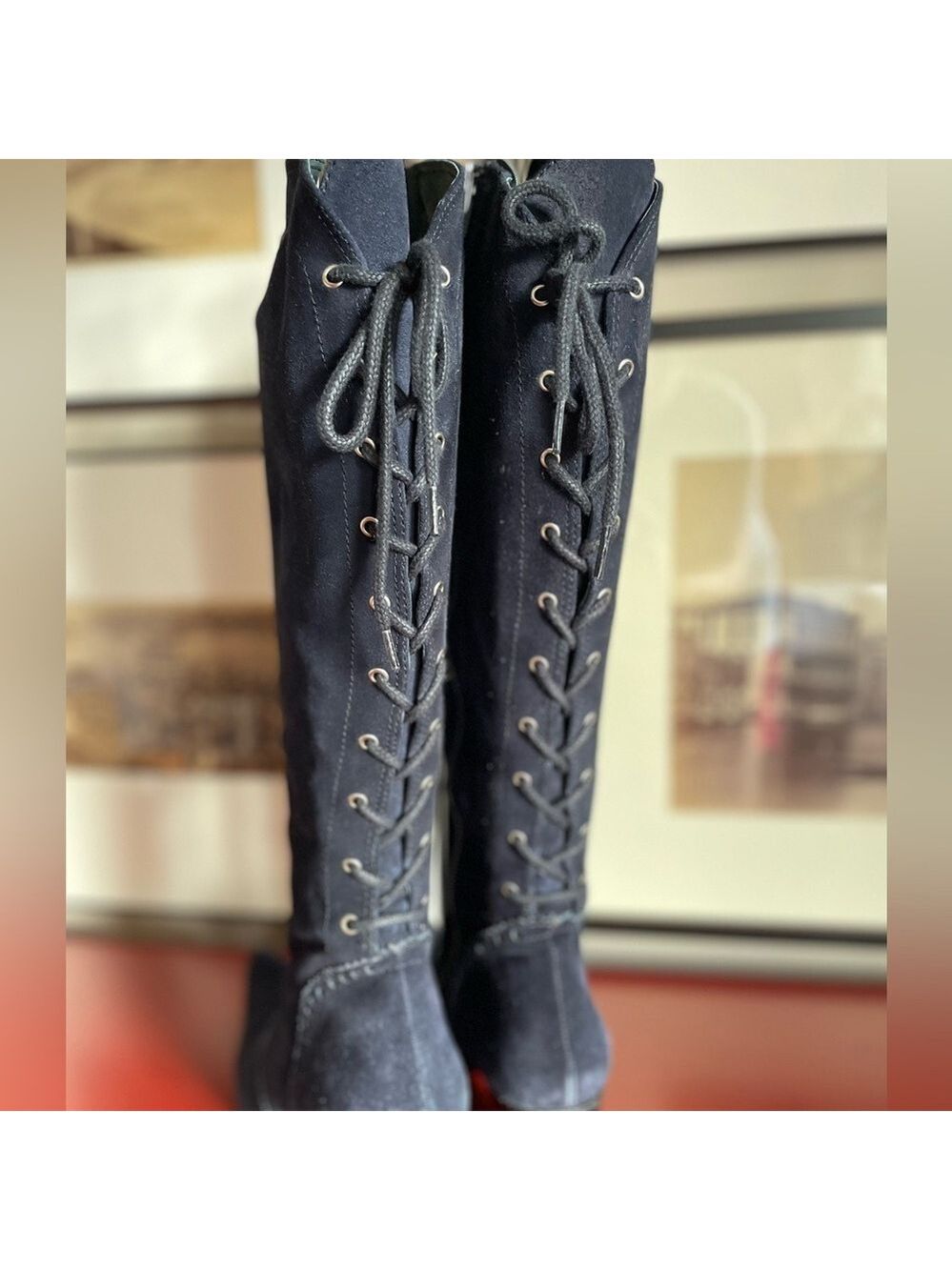 Midnight Blue Suede Lace Up Corset Pointy Boots Size 37 EUC
